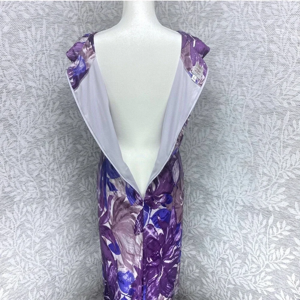 Suzi Chin Silk Dress 14 Purple‎ Floral Abstract Ruched Designer Luxury Cocktail